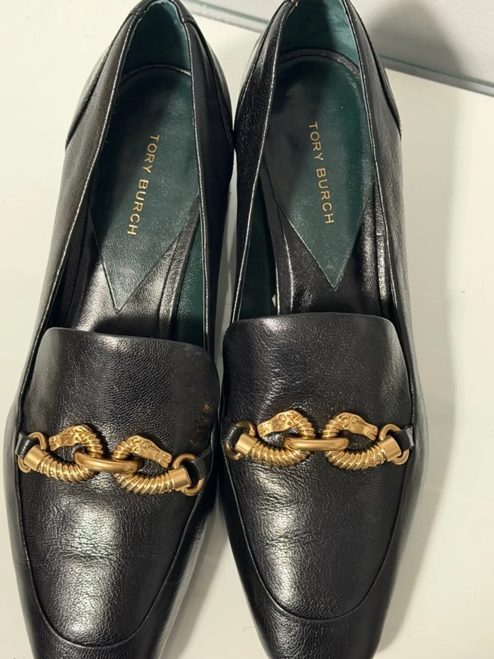 Tory Burch Jessa Loafers Black Leather Block Heel Loafers with Gold Chain Accent